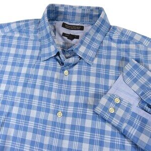 Banana Republic Mens Button Down Shirt L Grant Fit Light Blue Plaid 078 Wash
